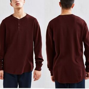 UO Nelson Waffle Thermal Henley Long Sleeve Tee Chocolate Brown Size L